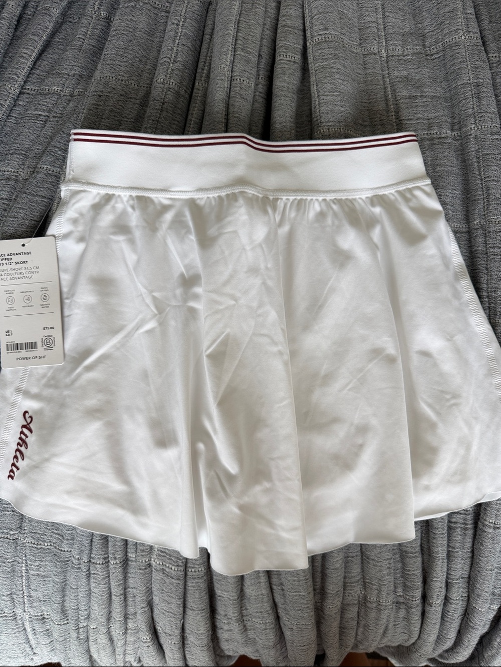 Athleta Ace Advantage Tipped White Tennis Skirt with Maroon Waist Stripe NWT